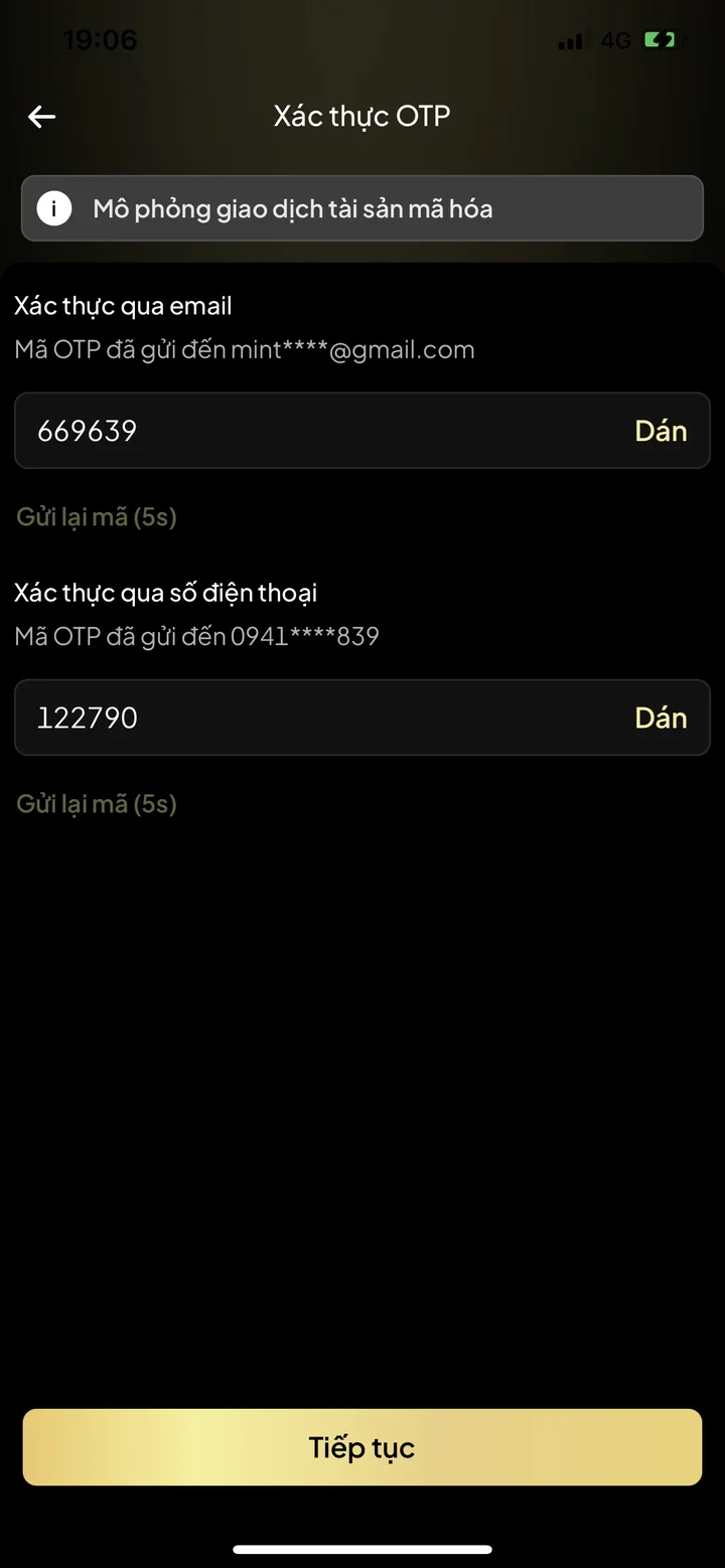 Màn hình xác thực OTP qua email và số điện thoại